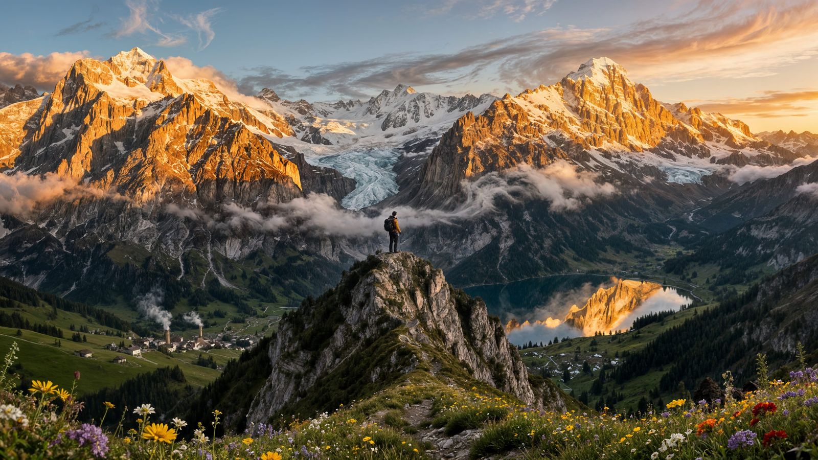 Lone Mountaineer at Dawn in Swiss Alps