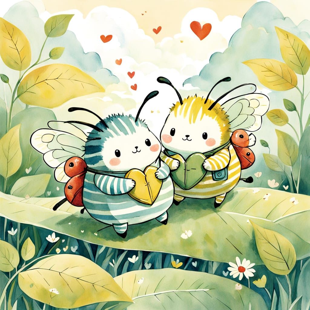 cartoon Two chubby caterpillars inching toward each other on a leaf, leaving tiny heart-shaped trails. 🍃🐛 concept art ...