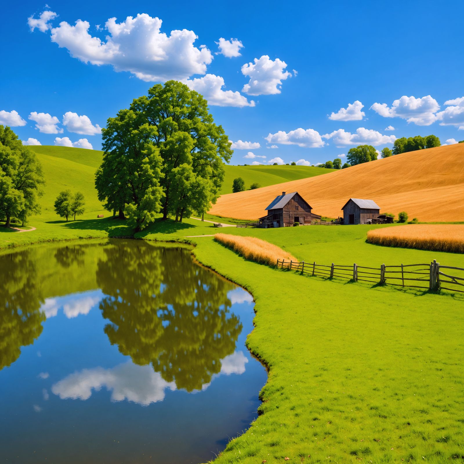 Hyperrealistic Farm Lake with Rolling Hills