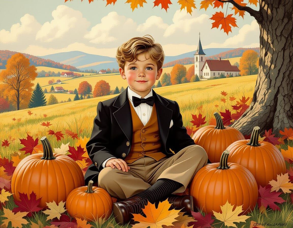 Boy Celebrates Autumn in Americana Illustration Style