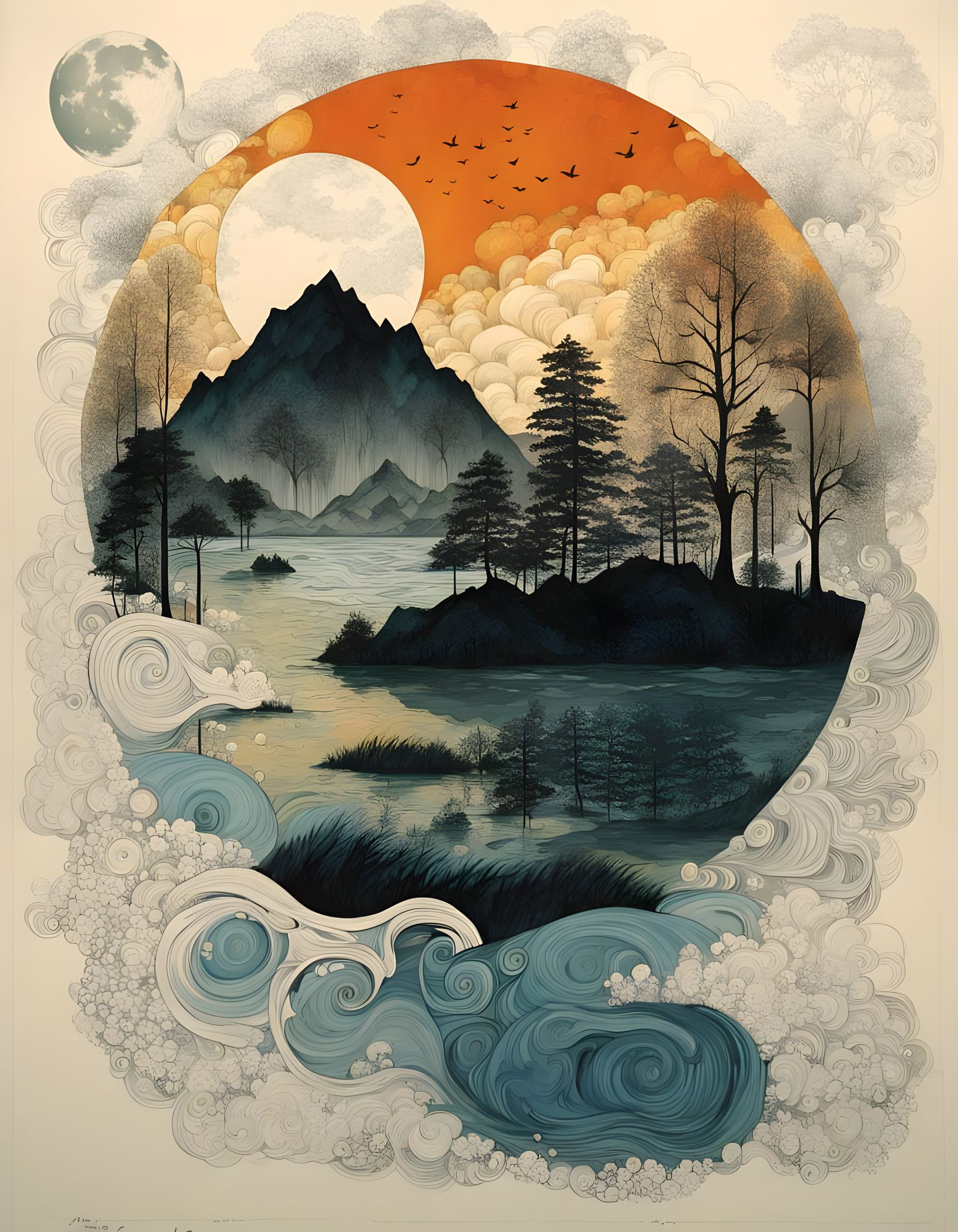 Hydrologic Cycle in Paper Art with Moon