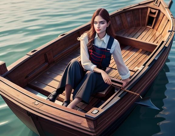 Charming Girl in Wooden Boat with Rose Petals