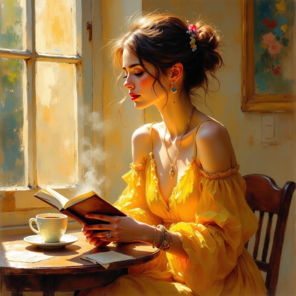 Person Reading in Cozy Cafe by Golden Window Light