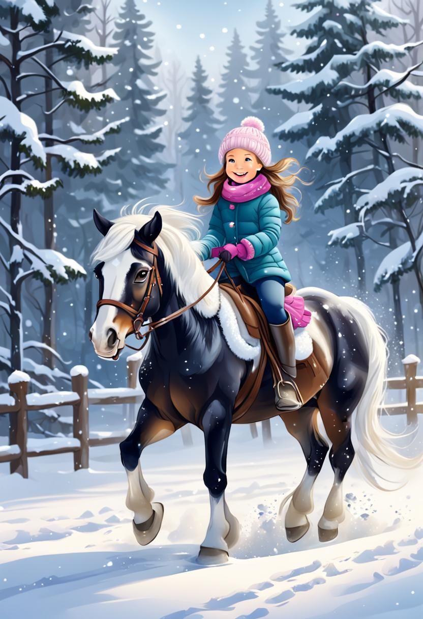 Happy Girl Rides Horse in Winter Illustration