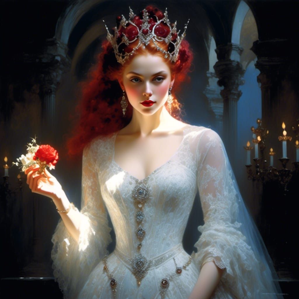 Woman in Lace Gown and Jeweled Mask