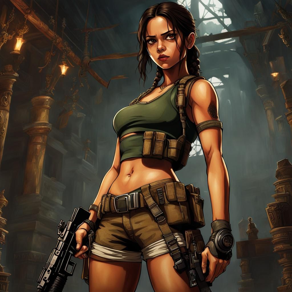 Lara Croft Style Image with Braided Hair and Pistols