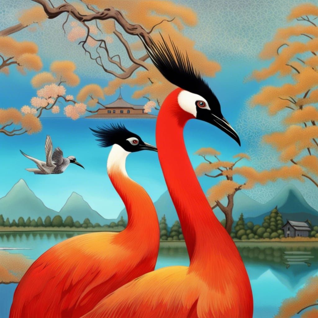 Glass Red-Crowned Crane in Japanese Landscape