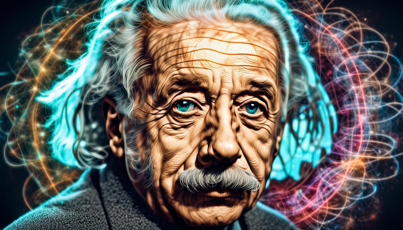 Einstein Double Exposure Illustration with Neon Lights