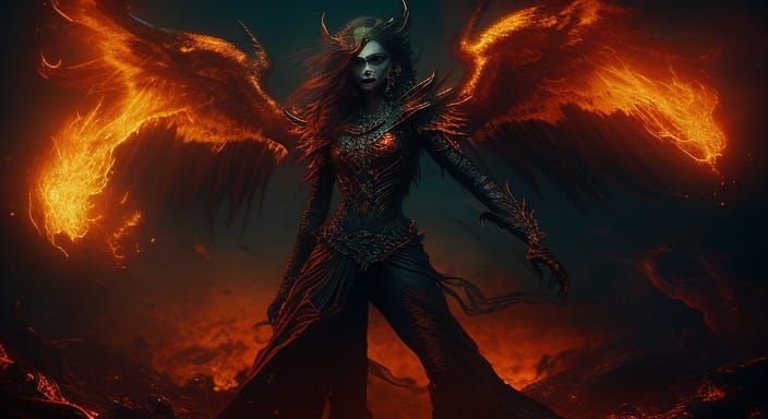 Ethereal Goddess of Hell in Fiery Dark Fantasy Art