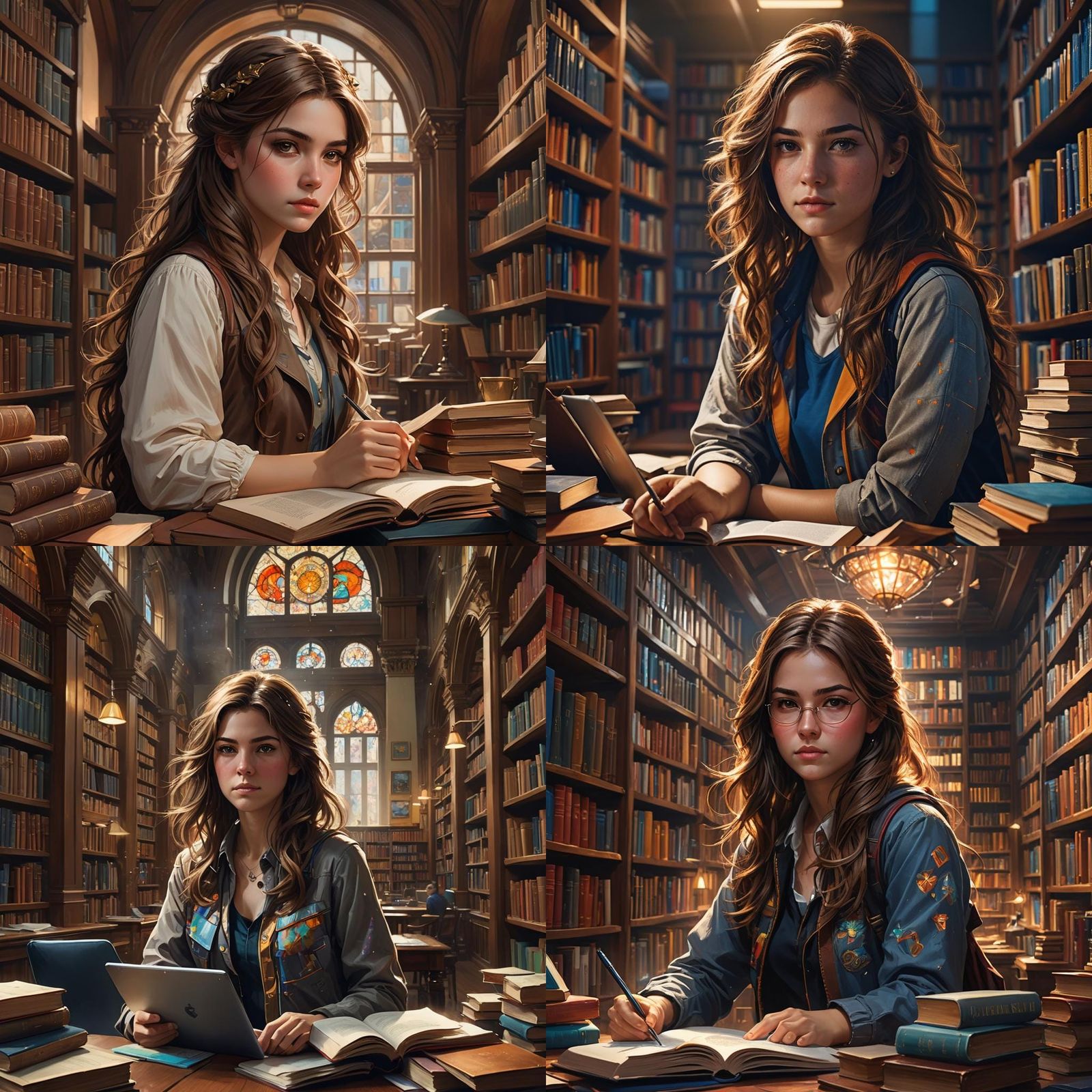 Female Student Studying, Detailed Digital Art