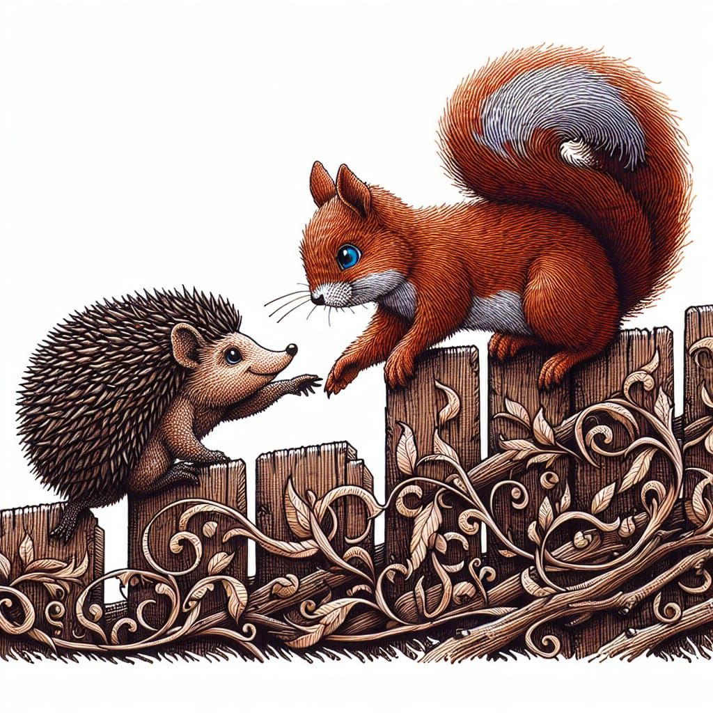 Hedgehog Helps Squirrel: Filigree Pen and Ink Illustration