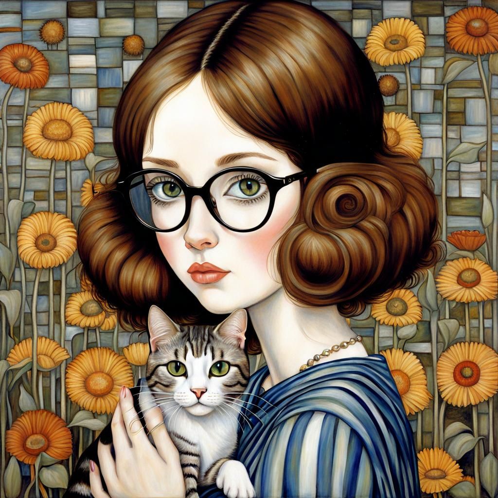 Girl with Cat in Keane Klimt Botticelli Style