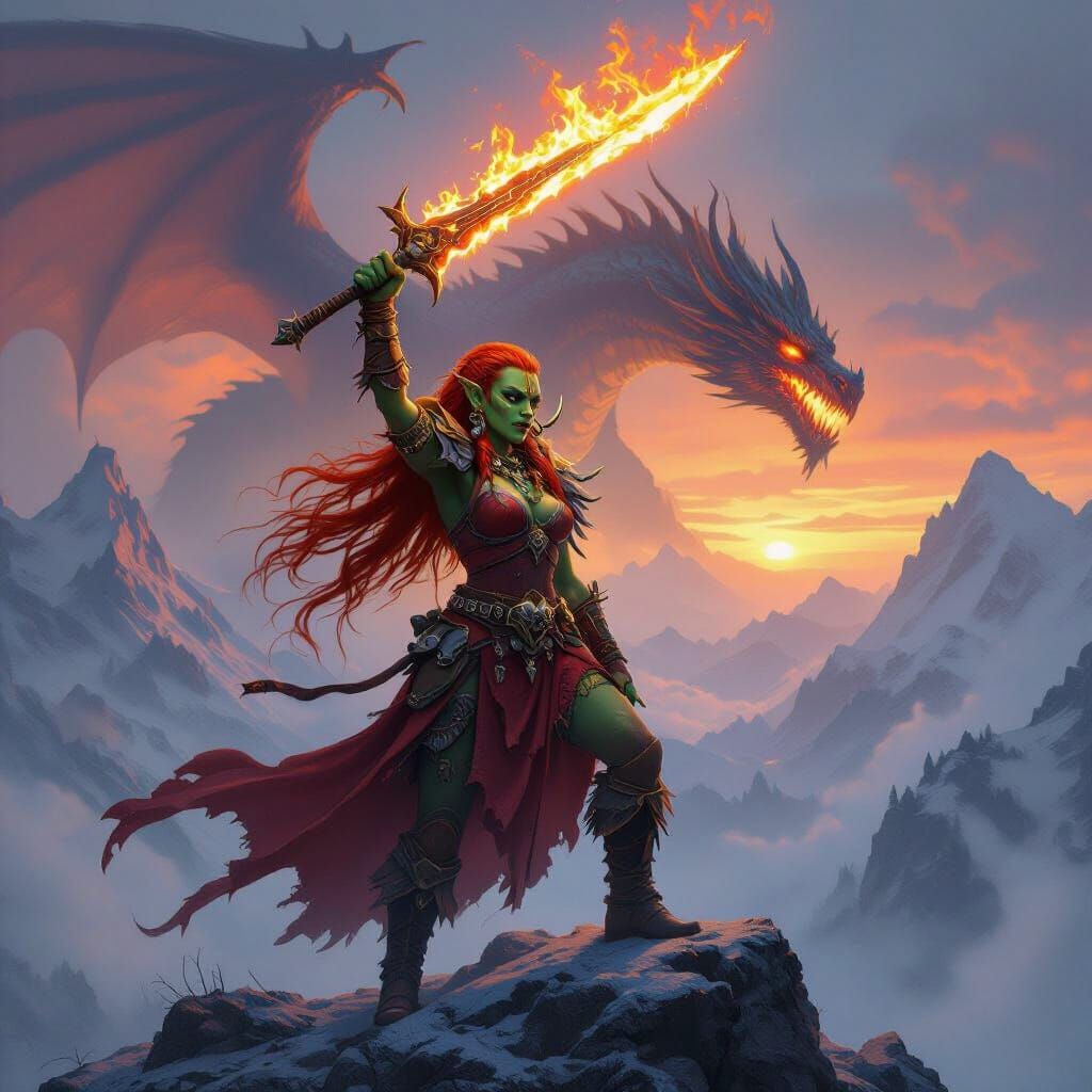 Redhead Orc Shaman With Flaming Sword on Misty Peak