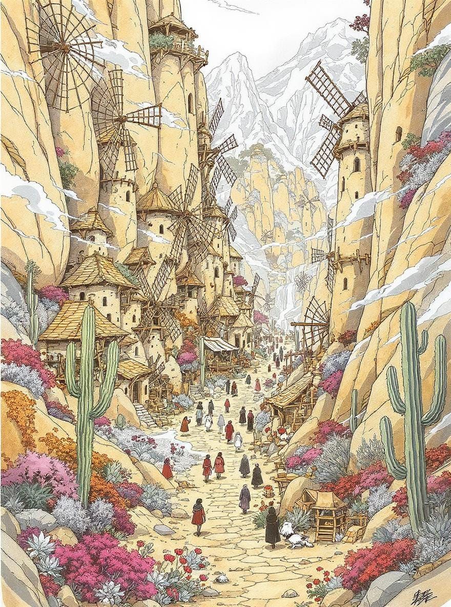 Lively Desert Canyon Village with Windmills, Watercolor Art