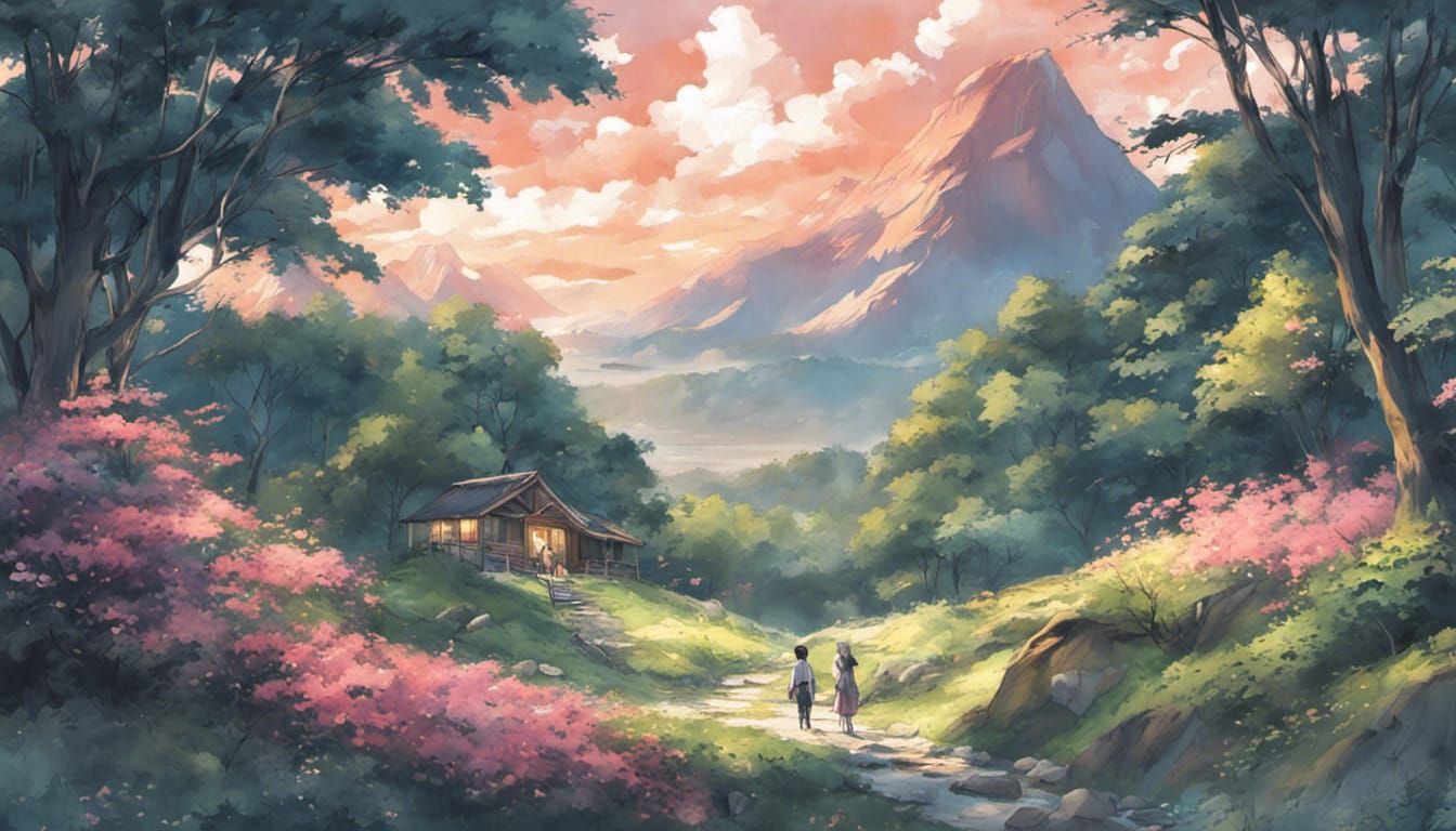 Anime Mountain Landscape with Cabin and Waterfalls