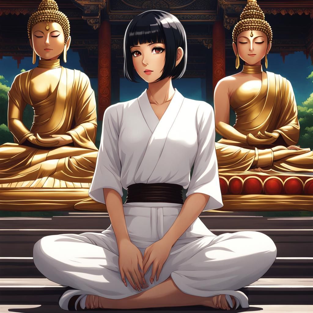 Woman Meditating Before Buddha Statue in Anime Style