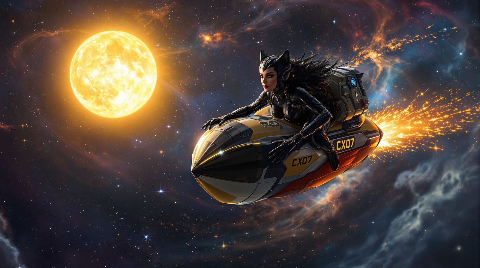 Futuristic Cat Suit Woman Orbits Sirius Aboard Duck Rocket