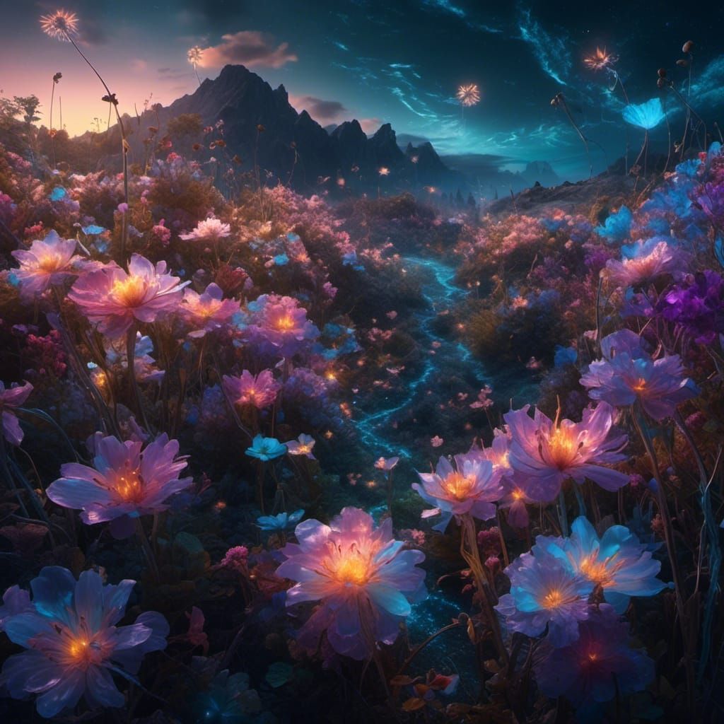 Bioluminescent Flowers in Bloom: Digital Matte Painting