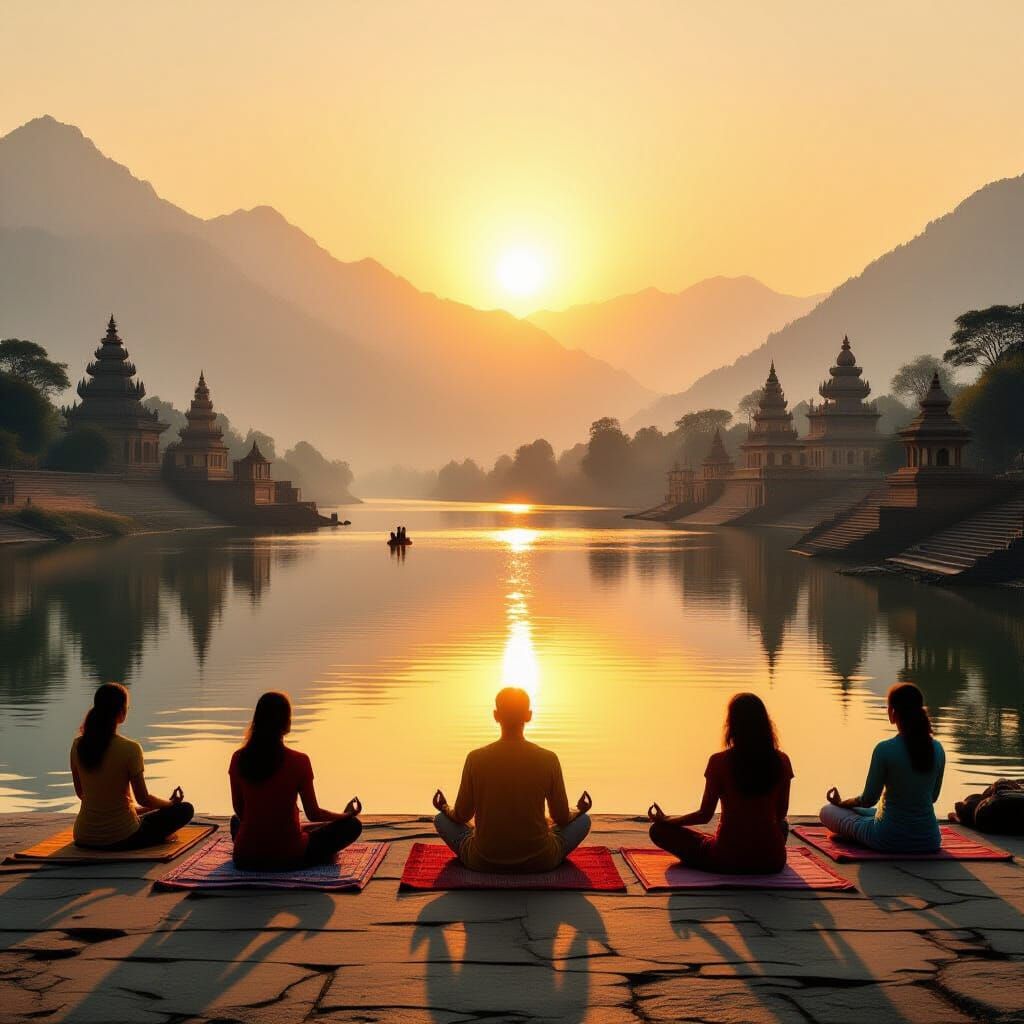 Spiritual Indian Landscape with Meditating Figures