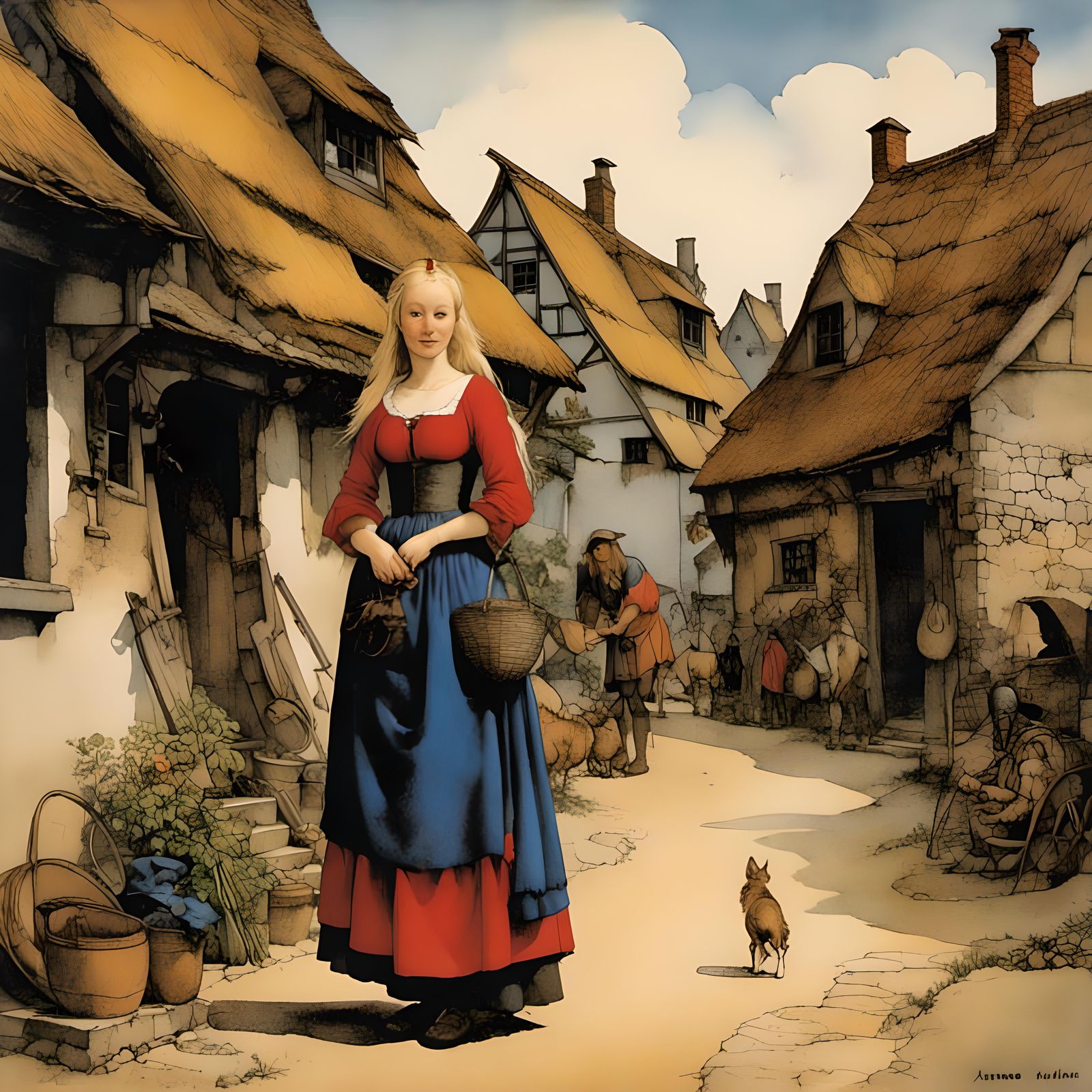 Viking Woman in Village, Watercolor Comic Style