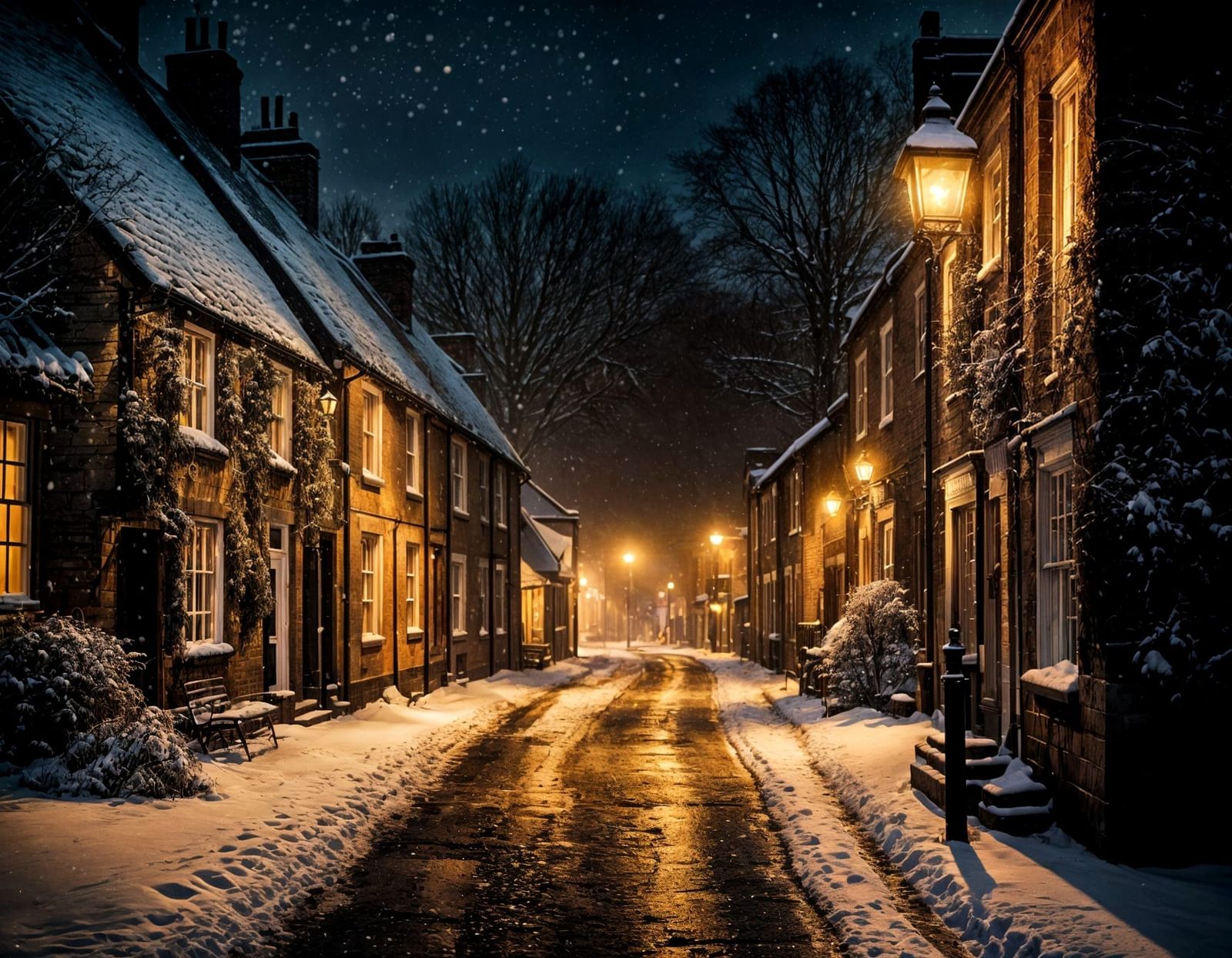 UK Village Street in Winter Snow, Cinematic Film Still