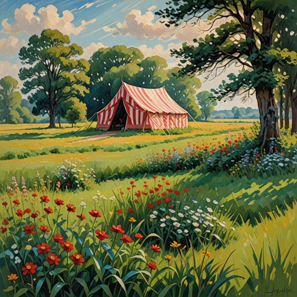 Surreal Landscape with Striped Tent in Vibrant Impressionist...