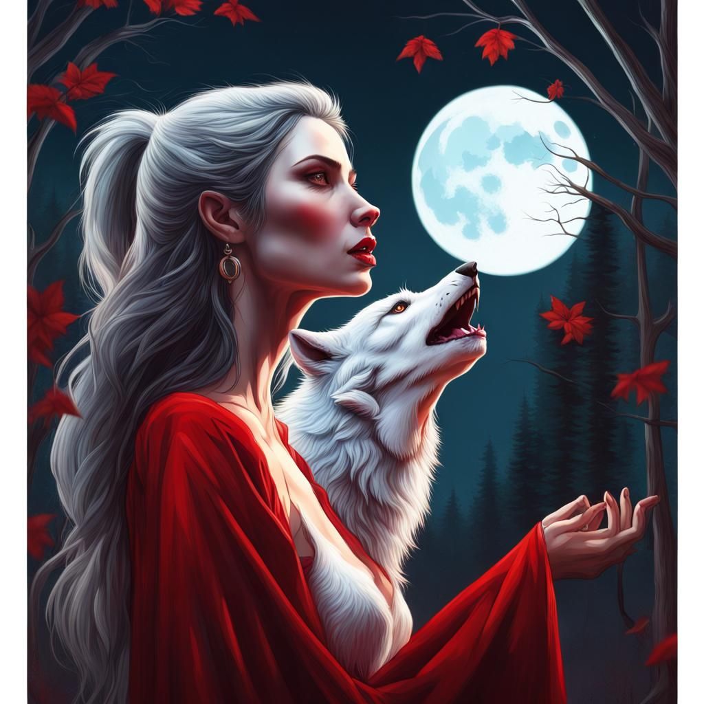 Vampire Woman and Wolf Howling at Moon