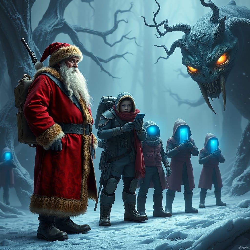 Santa Claus, Soldier, and Glowing-Eyed Children in Futuristi...