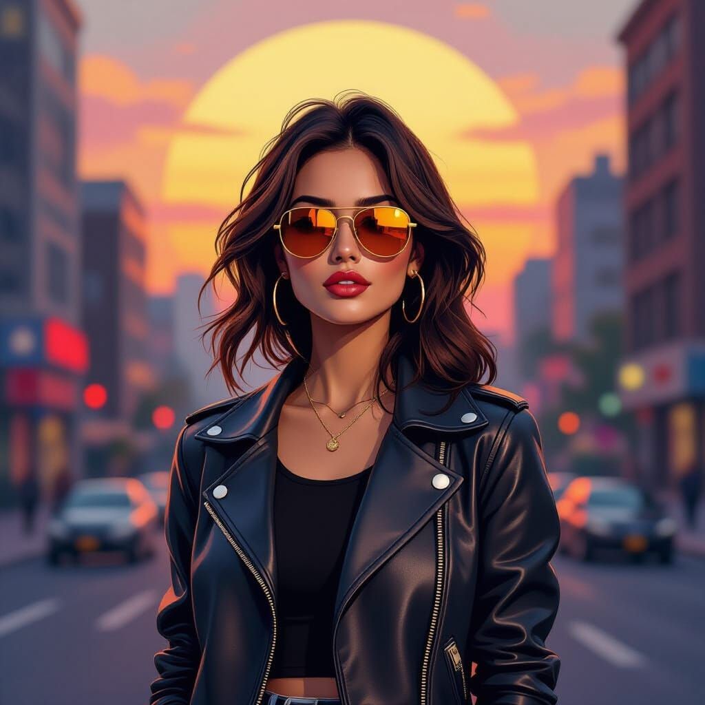 Young Woman at Sunset in Bold Pop Art Style