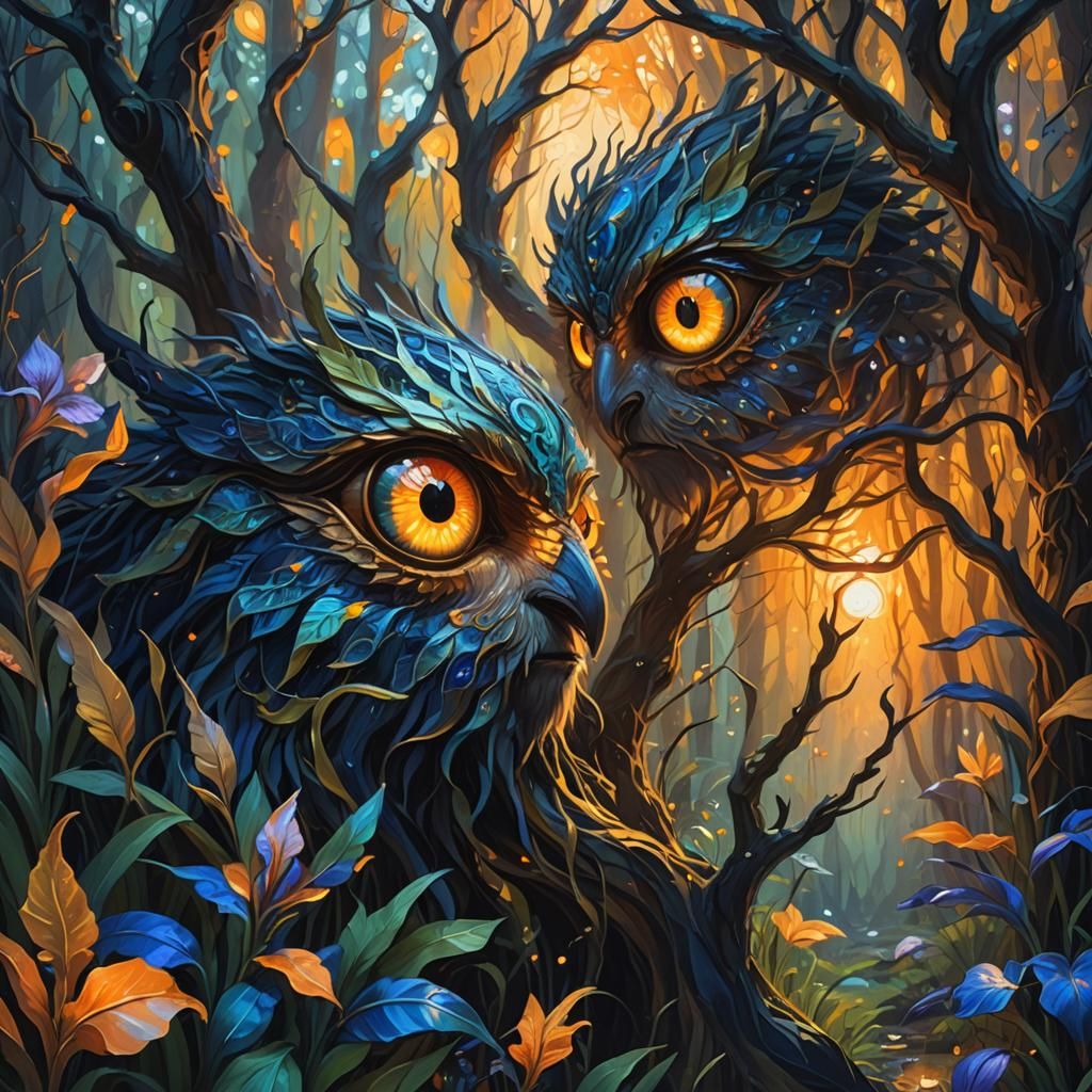 Glowing Eyes in Ancient Forest, Oil Painting