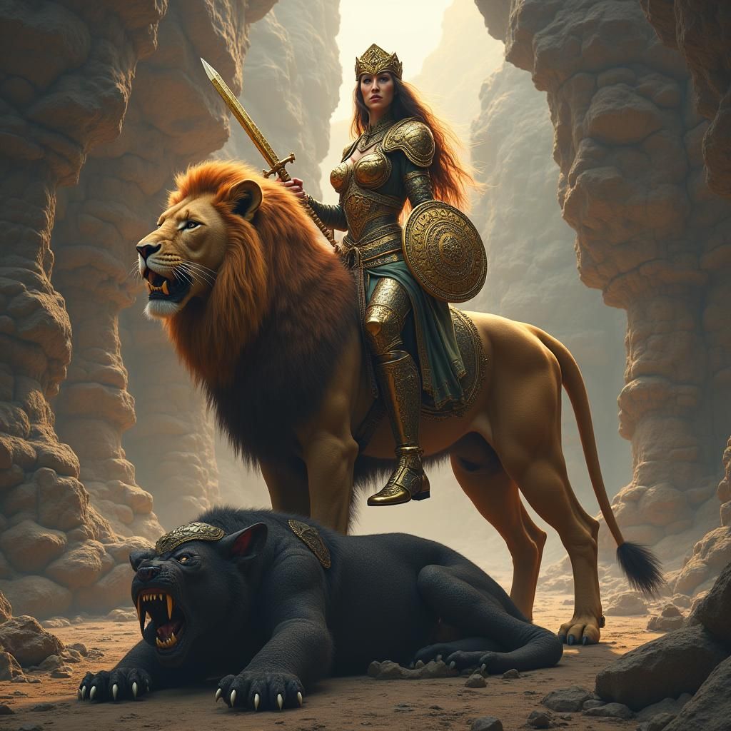 Warrior Goddess on Lion in Fantasy Battlefield