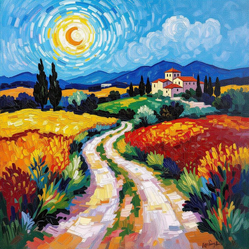 Roman Road Landscape in Neo-Impressionist Style