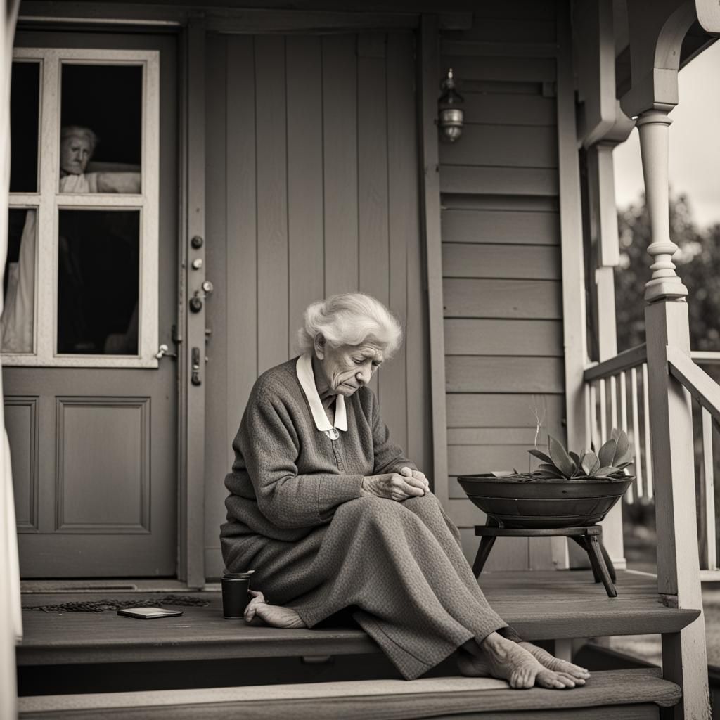 Sorrowful Old Woman Mourns Husband's Photo