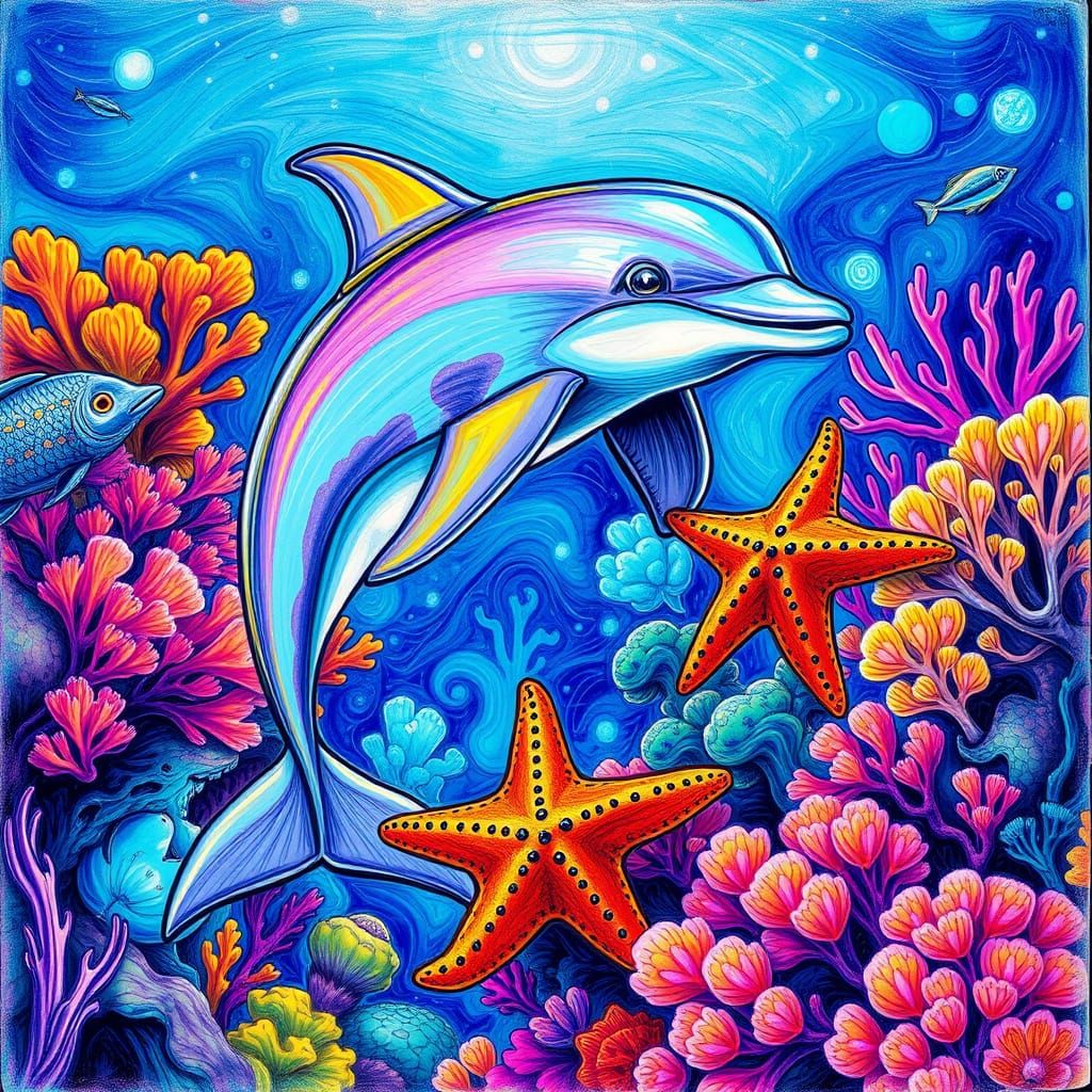 Psychedelic Dolphin and Coral Reef Pencil Sketch