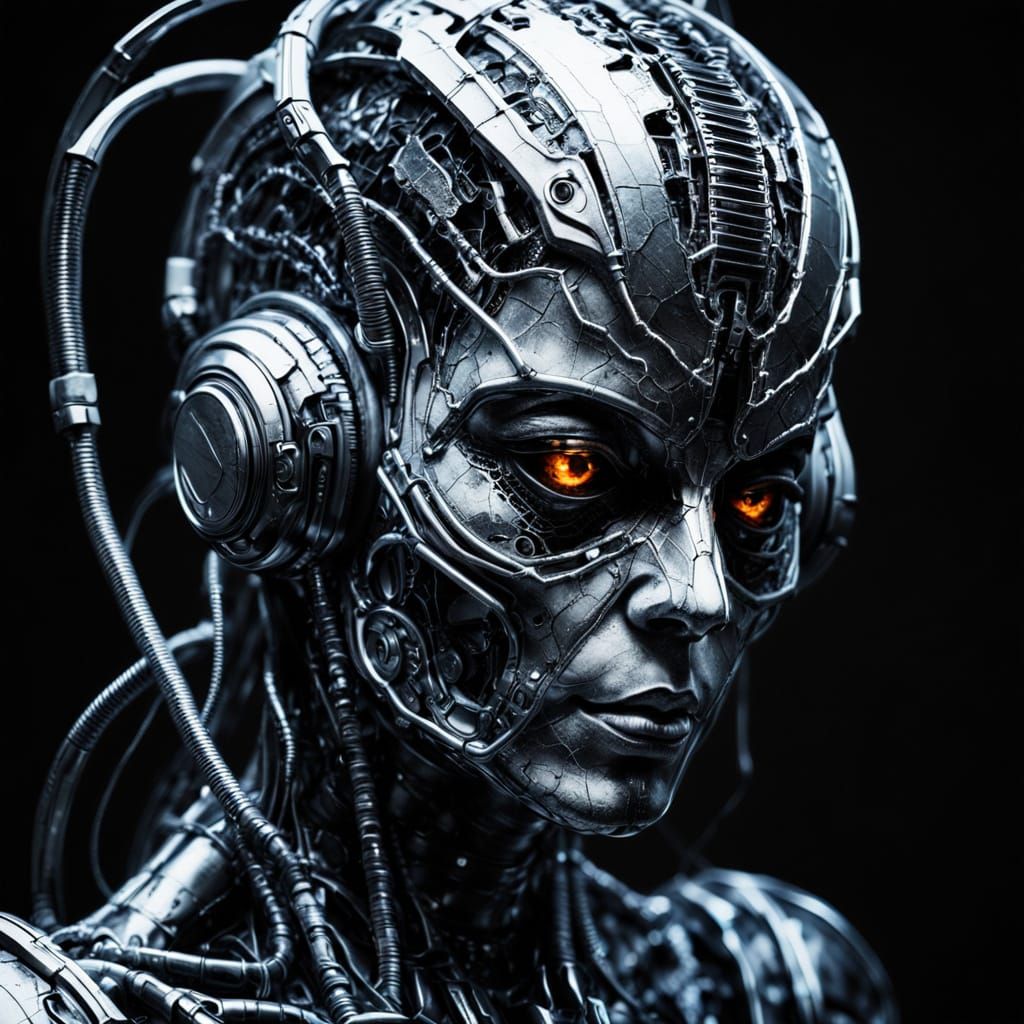 Futuristic Cyborg Sculpture in Giger Style with Marble Textu...