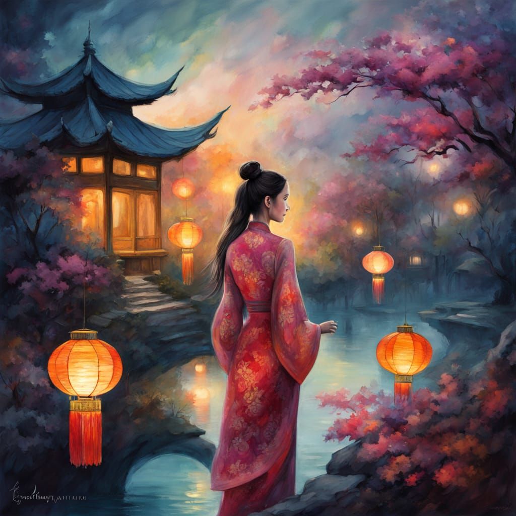 Surreal Watercolor Beauty: Chinese Girl in Enchanting Night ...