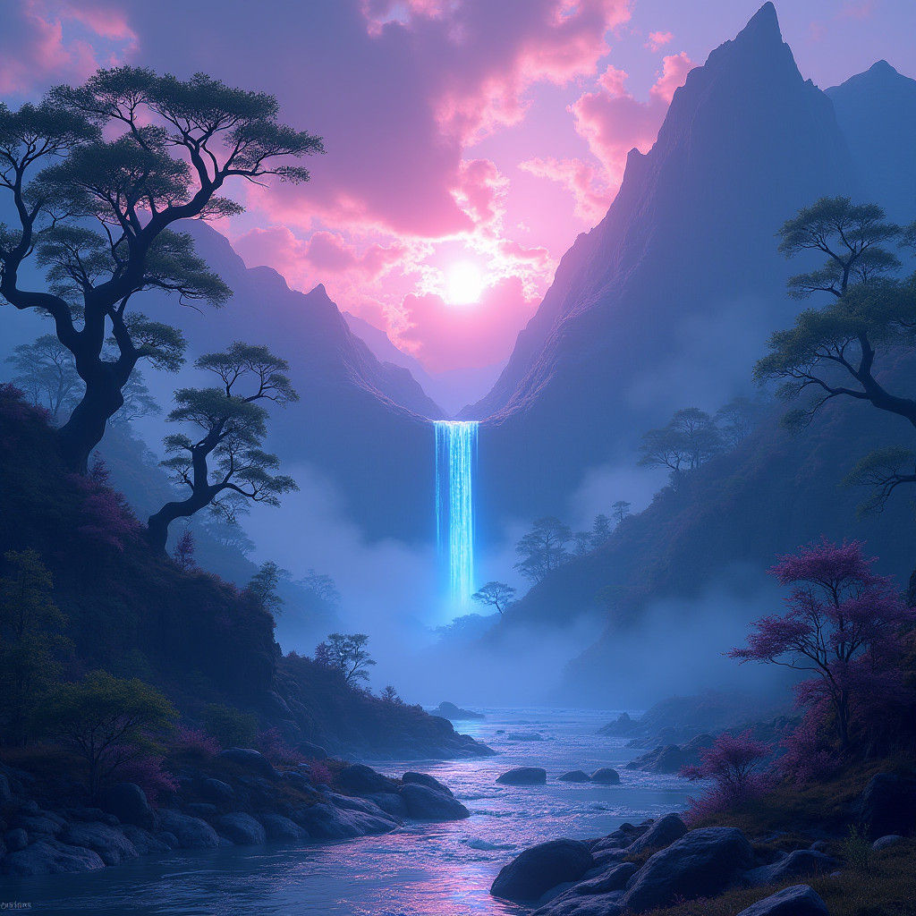 Ethereal Fantasy Landscape with Glowing Waterfall in 8K