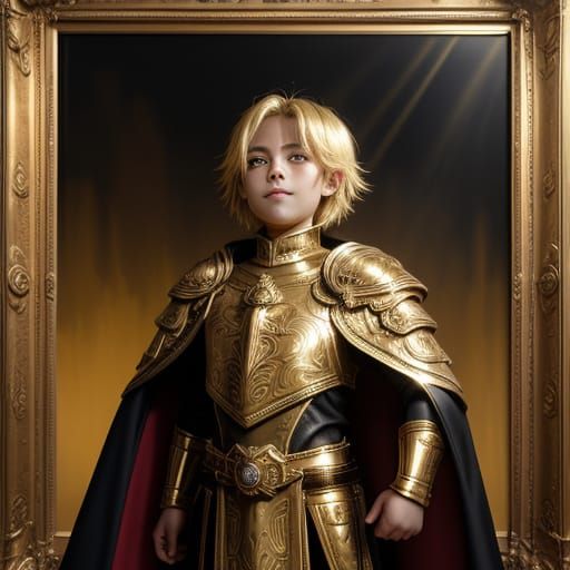 Child in Gold Armor with Ominous Red Cape, Grunge Oil Painti...