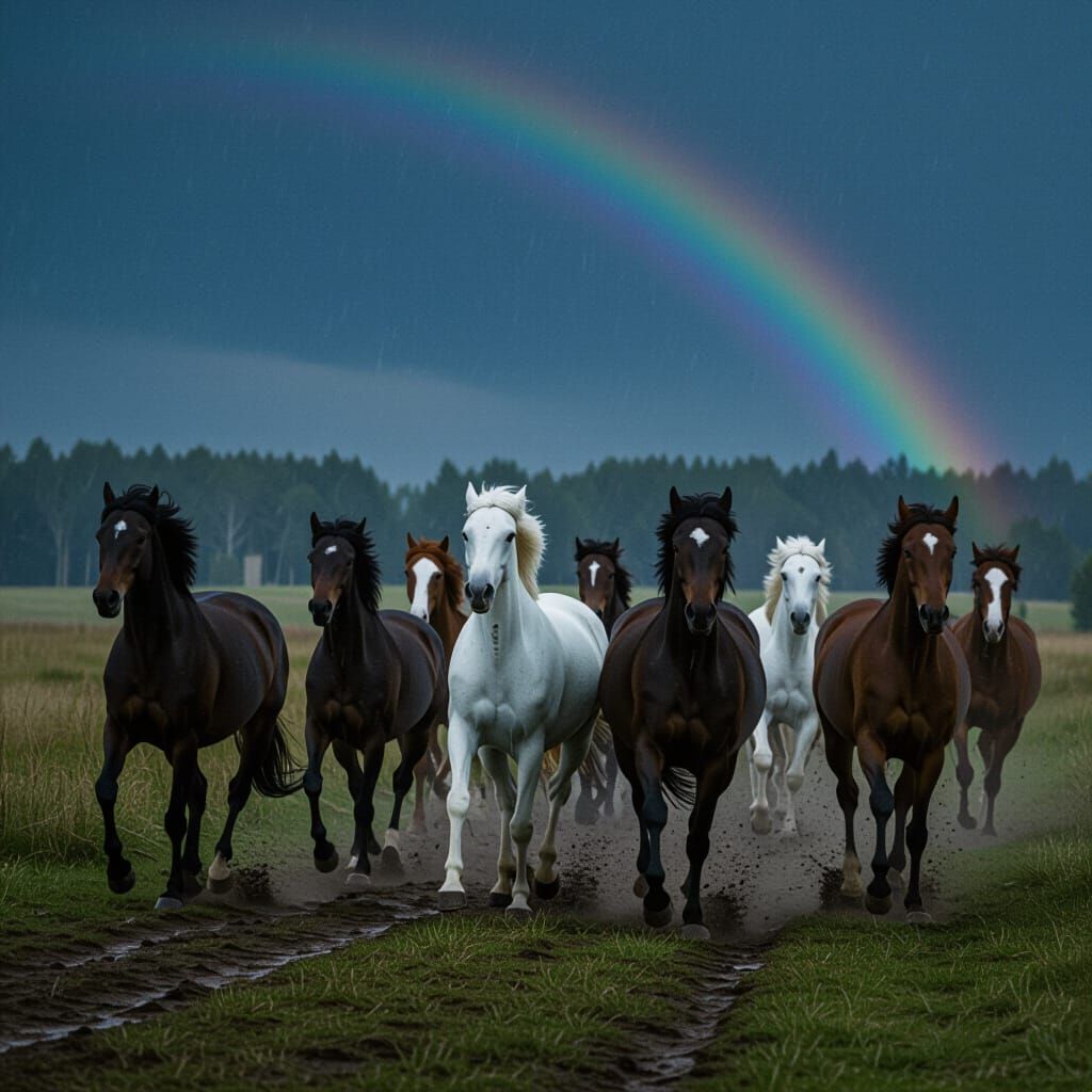 Horses Galloping in Midnight Rain