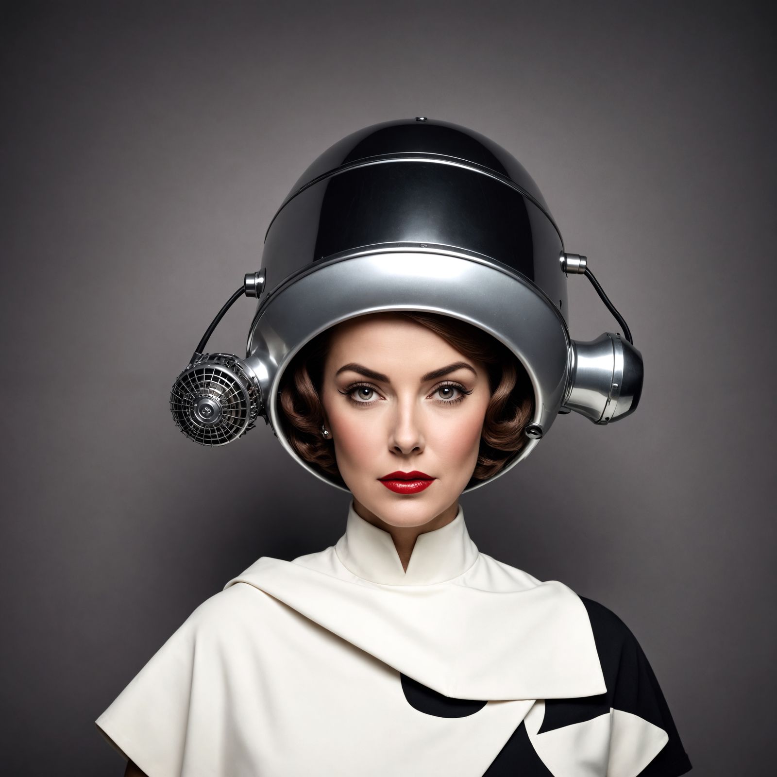 Fifties Woman with Vintage Hair Dryer: Hyperrealistic HDR