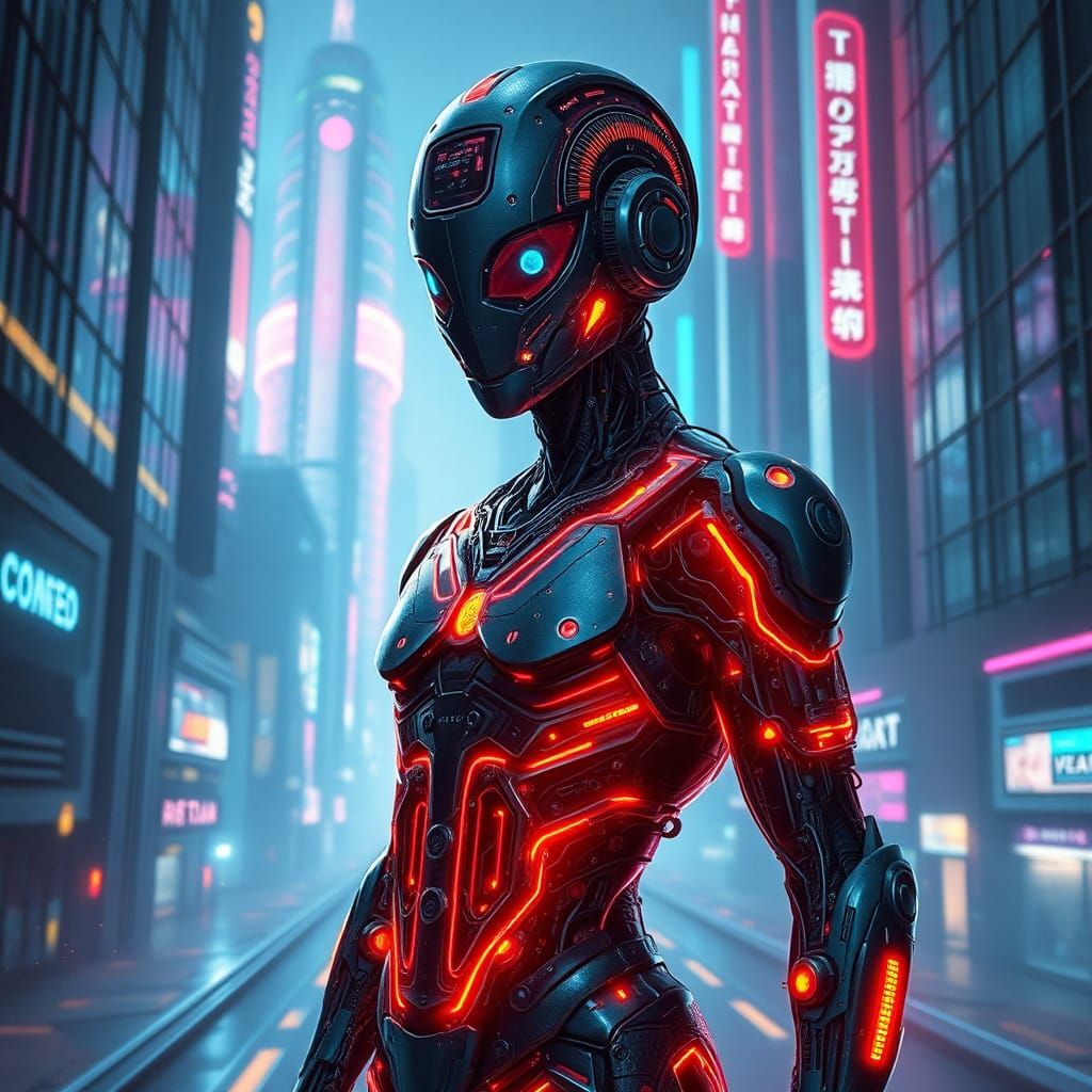 Futuristic Code Being in Neon Metropolis