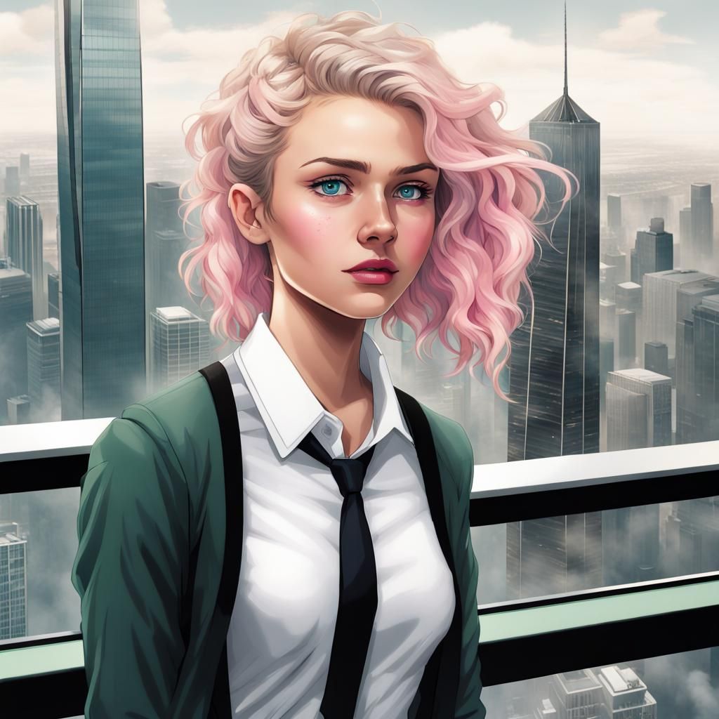 Blonde Girl on Skyscraper, Comic Book Art
