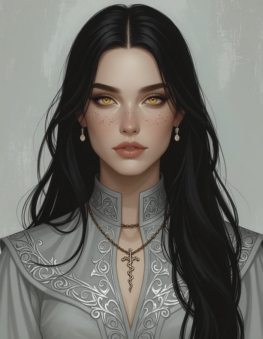 Gothic Elegance: Woman with Pale Skin, Golden Eyes, Ebony Ha...