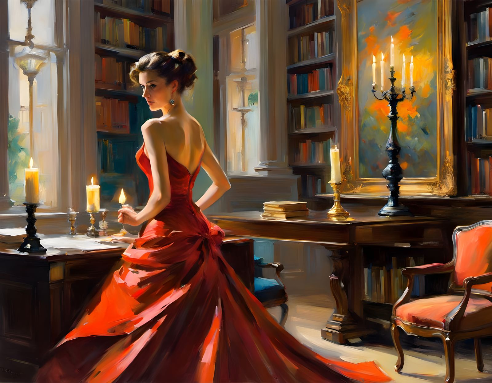 Dramatic Portrait of Miss Scarlett in a Library Setting