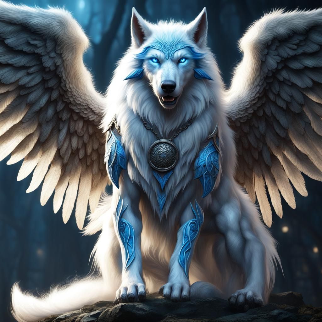 Celtic Werewolf with Angel Wings, Detailed Digital Art
