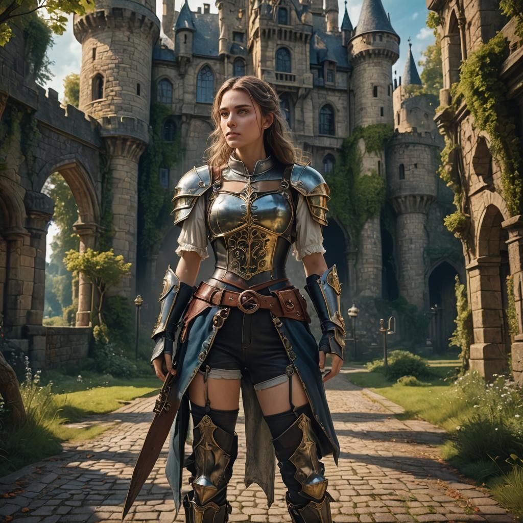 Woman in Chastity Belt Near Dilapidated Castle