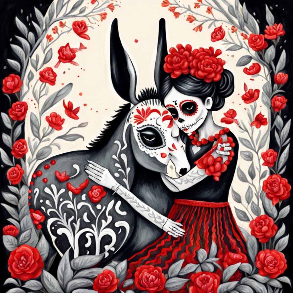 Day of the Dead Skeleton with Donkey in Gouache Style