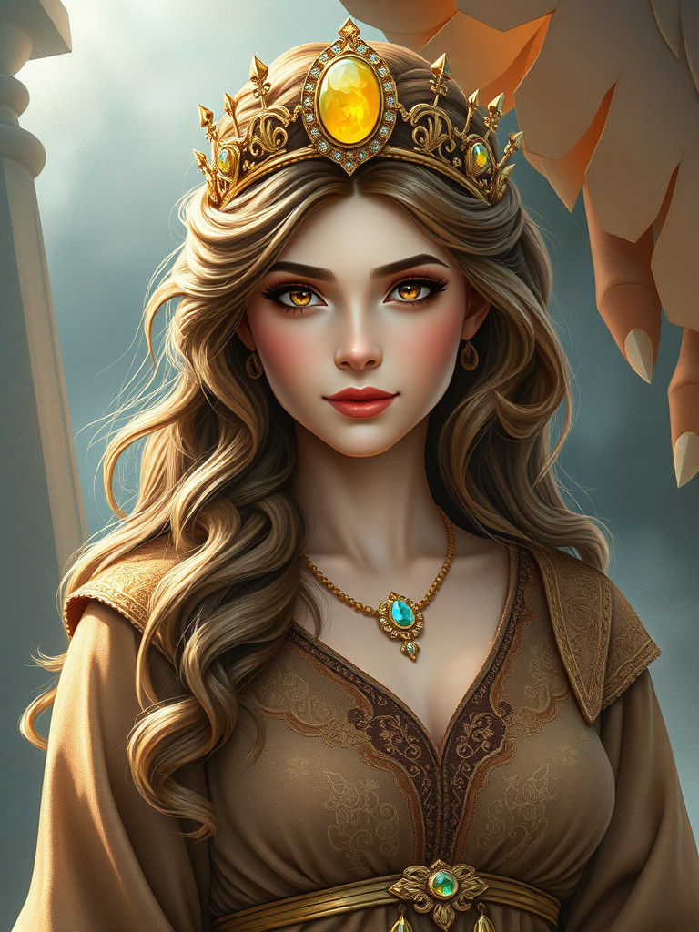 Regal Norse Goddess with Golden Embroidery and Vibrant Yello...