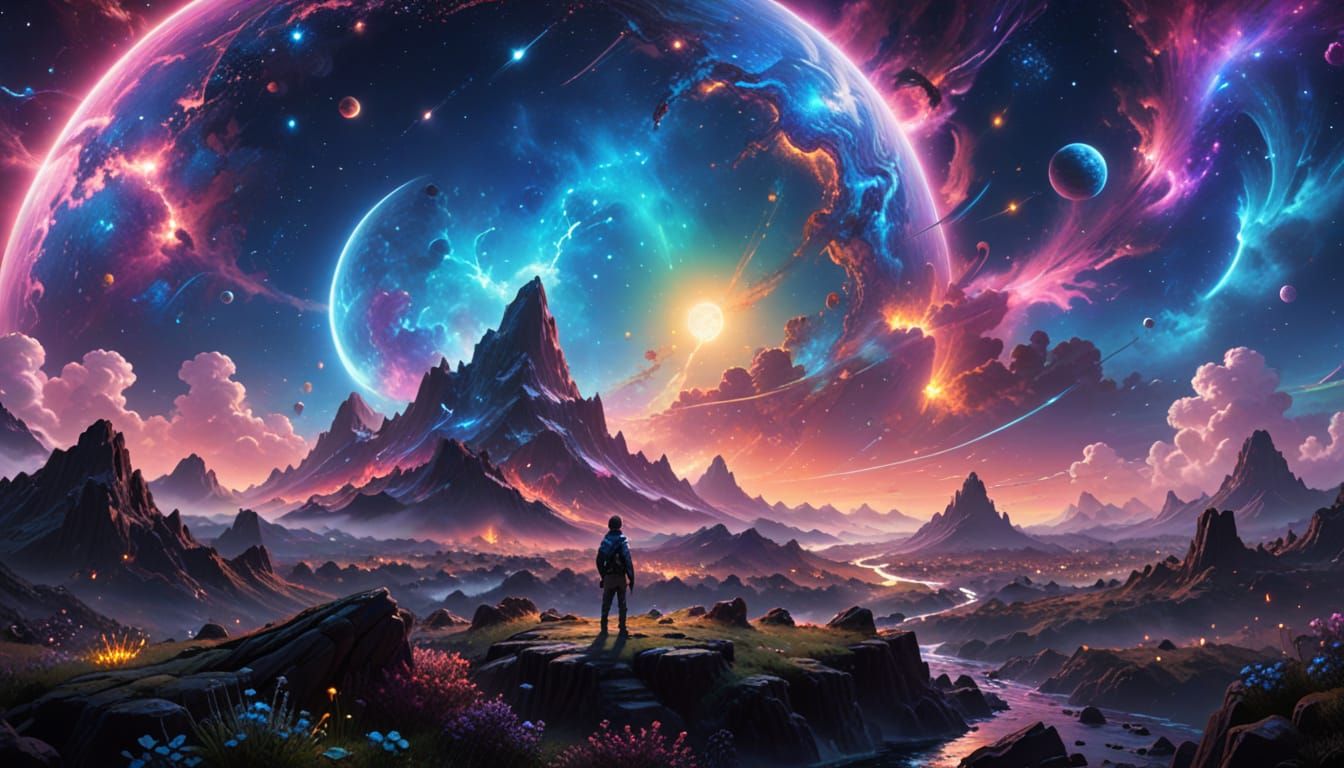 Glowing Cosmic Moonscape in Vibrant Neon Hues