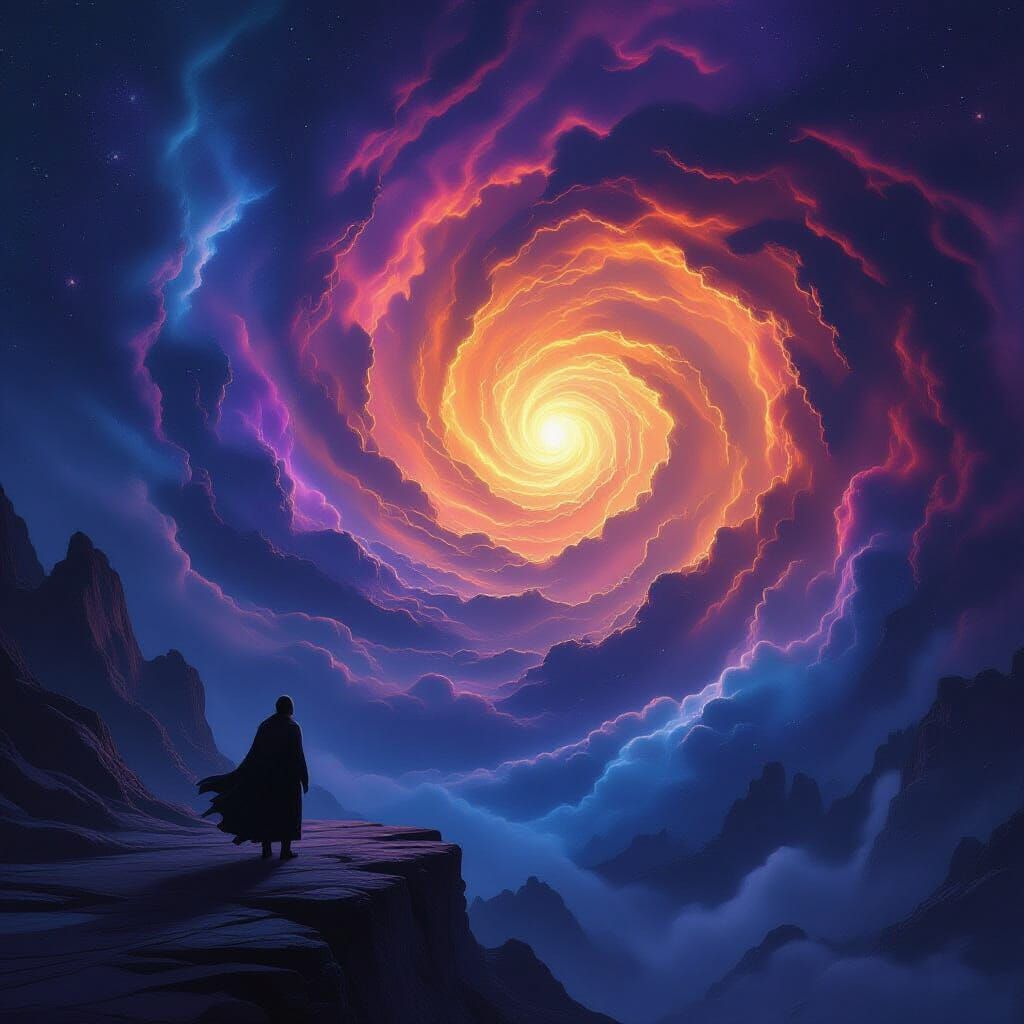 Cosmic Abyss: Figure Gazes into Swirling Nebula